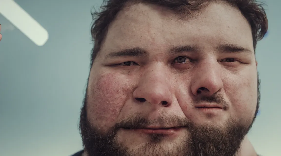 Prompt: Closeup shot of fat face, illuminated by his phone screen, facial hair, Canon, 100mm, octane render, photorealistic, detailed, cinematic, 8k no blur, volumetric lighting
