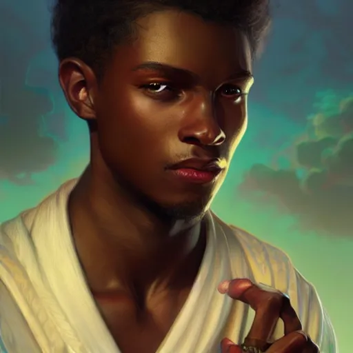 Image similar to illustration of a jamaican boy, d & d, fantasy, intricate, elegant, highly detailed, digital painting, artstation, concept art, smooth, sharp focus, illustration, art by artgerm and greg rutkowski and alphonse mucha