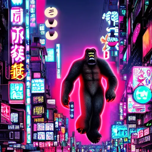 Prompt: king Kong in a cyberpunk japanese city, neon colors, digital art, well detailed, by Stephen king, Photo realistic, high definition, 8k