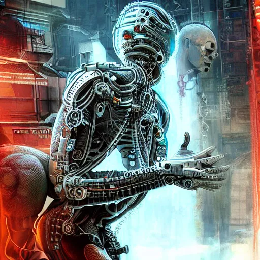 Image similar to cyborg hindu godbody, cyberpunk, ultra high tech, hyper detailed, coherent, cohesive, realistic, far shot