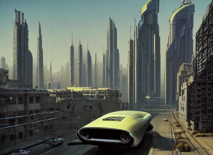 Image similar to a car driving down a street next to tall buildings, cyberpunk art by Chesley Bonestell, cgsociety, retrofuturism, matte painting, reimagined by industrial light and magic