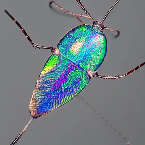 Prompt: macrophotography of iridiscent azaela lace bug