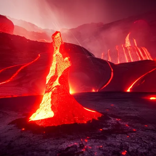 Image similar to a scorching magma realm with futiristic factories above the lava, muspelheim, candinavian / norse influenced, cinematic, ray traced, octane render, cinematic lighting, ultrarealistic, featured on artstation, 8 k uhd artwork