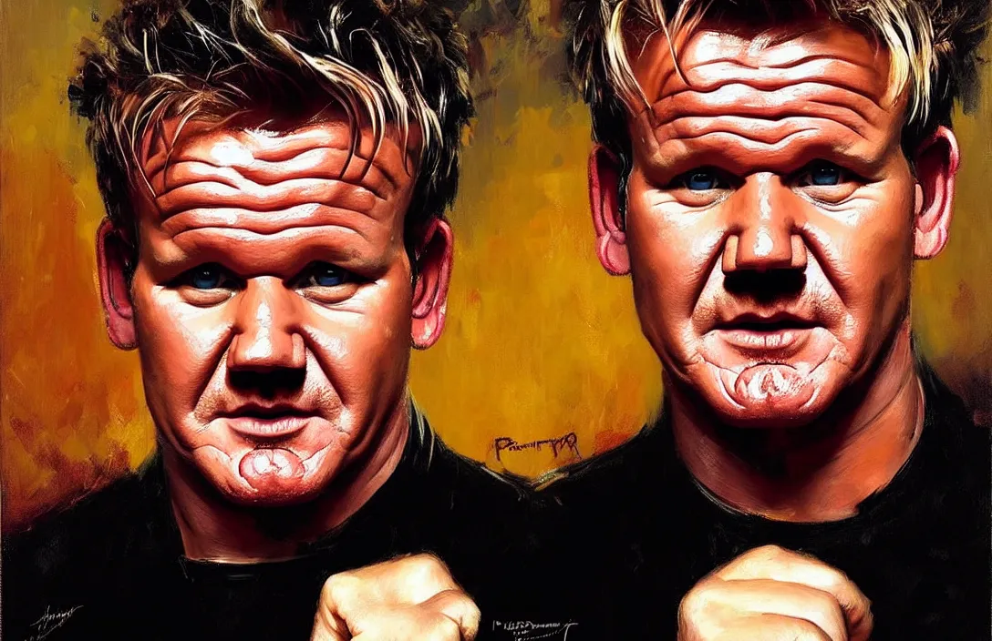 Image similar to portrait of gordon ramsay!!!!!!!!!!!!!!!!!!!!!!!!!!!, detailed face, detailed painting,, epic lighting, by ilya repin, phil hale and kent williams