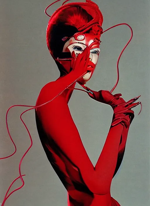 Image similar to an 8 0 s portrait of a woman with dark eye - shadow and red lips with dark slicked back hair, a mask made of wire and beads, dreaming by serge lutens, rolf armstrong, delphin enjolras, peter elson, red cloth background, surreal flat color