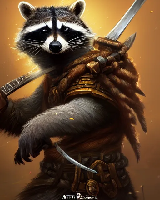 Image similar to closeup 2 8 mm anthropomorphic barbarian raccoon with a sword in a castle, d & d, fantasy, intricate, action pose, particle effects, highly detailed, digital painting, artstation, concept art, matte, sharp focus, volumetric lighting, illustration, hearthstone, art by artgerm, wlop, greg rutkowski and alphonse mucha