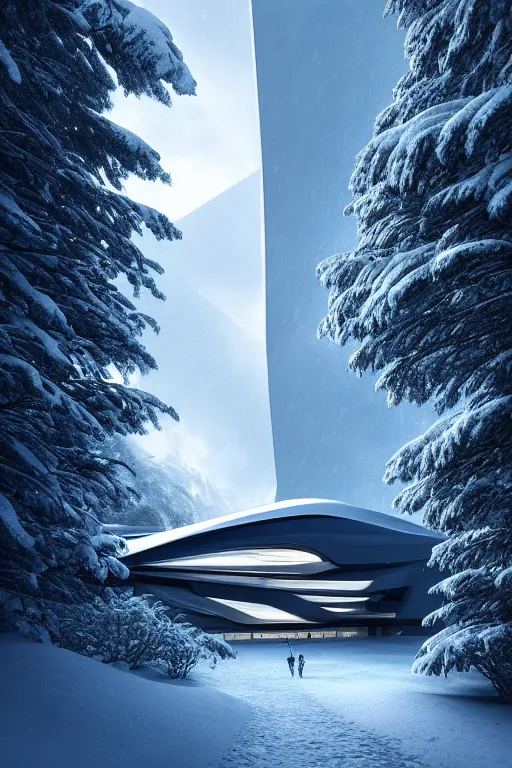 Prompt: a futuristic scene in front of a zaha hadid building in the forrest of the french alps in the style of chris moore, stormy weather, cinematic matte painting, extreme detail photo quality, soft colors, snowfall, featured on behance