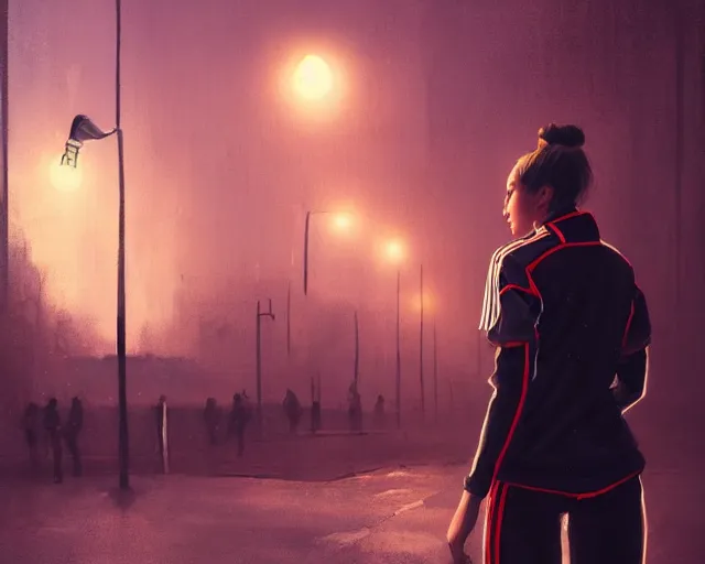 Image similar to portrait of attractive slav heroine wearing an addidas tracksuit. illuminated street lights, slav apartments in backround, by greg rutkowski and wlop, detailed, cinematic, 8 k, intricate, rule of thirds.