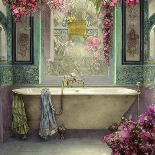 Image similar to a beautifull intricate watercolour painting of a victorian bathroom with many flowers, reflexions, verry high details by william turner art, greg rutkowski and alphonse mucha, trending on artstation, very very detailed, masterpiece,