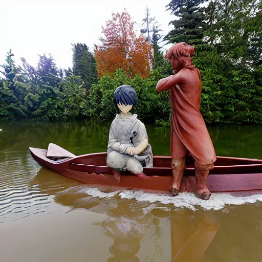 Prompt: anime boy with roman statue on canoe in flooded vancouver ruins, ghibli style