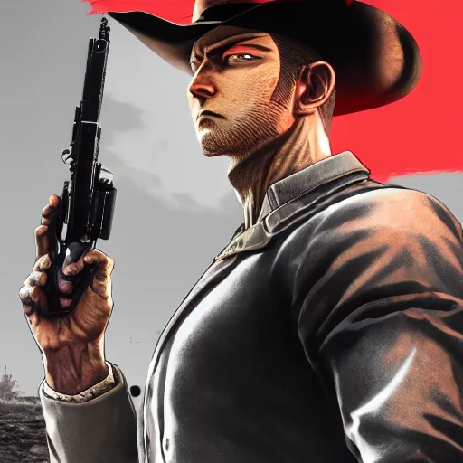 Image similar to an artistic portrait of one punch man holding gun in the red dead redemption 2 character art style, digital art, trending on artstation, behance, ray tracing x, wet reflections, unreal engine 5, intricate details, fantasy, hyper realism, humongous view, smooth, cinematic