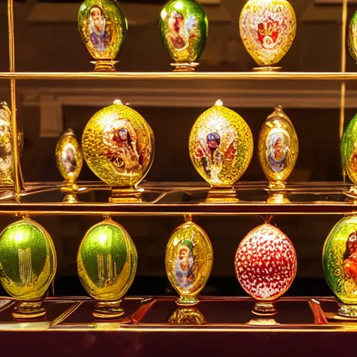 Prompt: Faberge eggs with faberge toast, Hermitage Museum exhibit