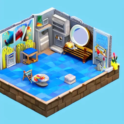 Image similar to chubby cute mobile game house, 1 0 0 mm, 3 d render, isometric, blue background,