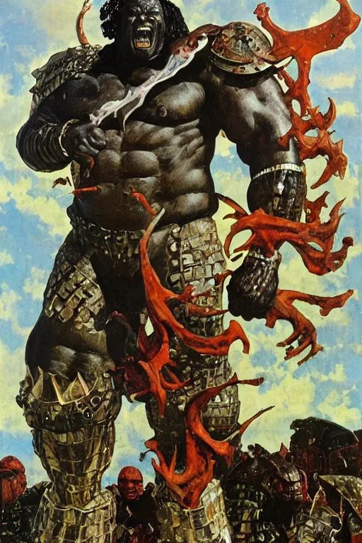 Prompt: full body portrait of huge hulking mark henry as armoured demon, simple background, painted by jack kirby, lawrence alma tadema, norman rockwell, greg staples, wayne barlow, jacob collins, tom lovell, frank schoonover, neville page