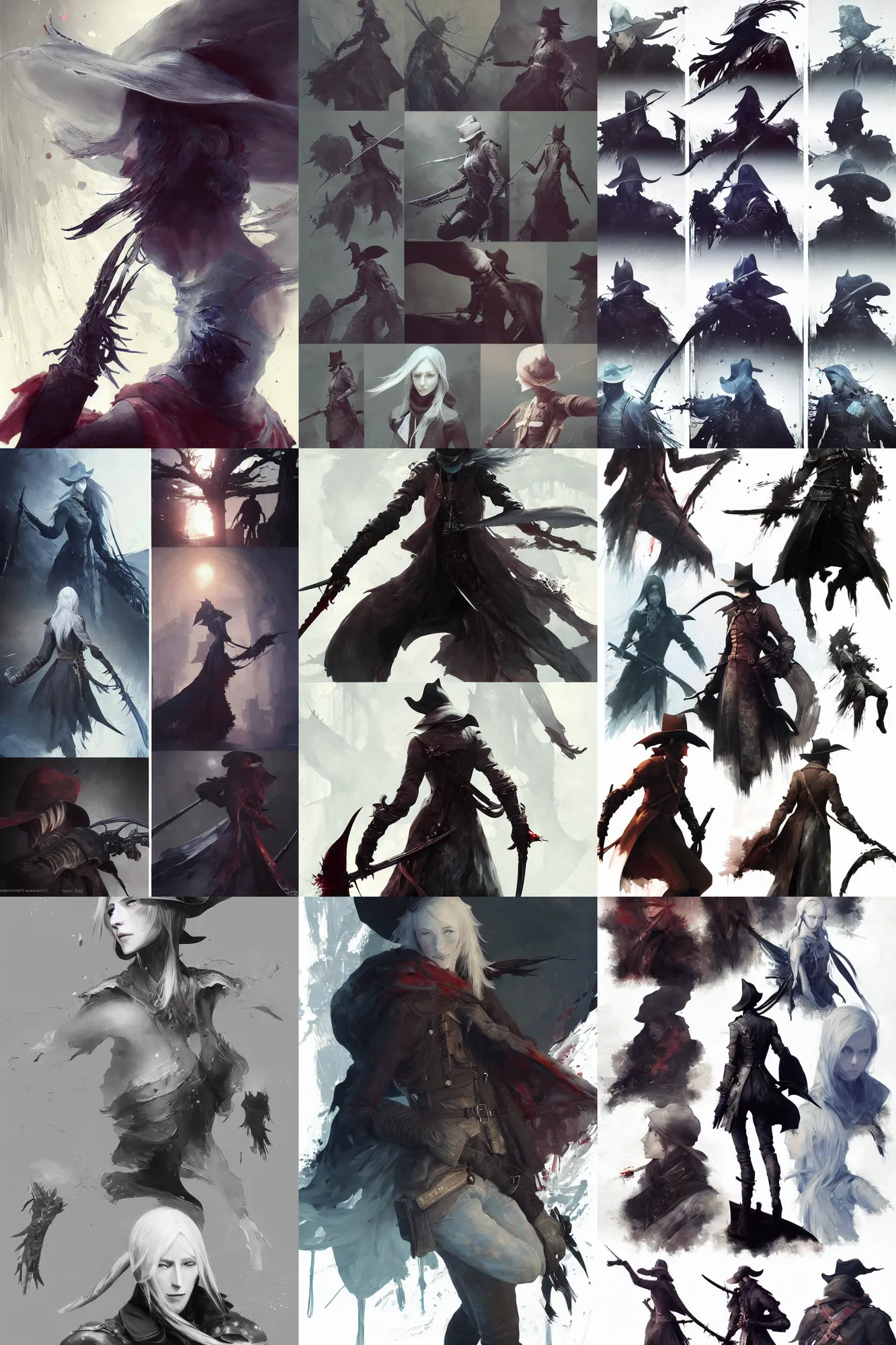 Prompt: painterly spot illustrations of lady maria from bloodborne, various action poses, by bridgeman, by burne hogarth, by conrad roset, by yoshitaka amano, by ruan jia, cgsociety, artstation, portfolio quality.