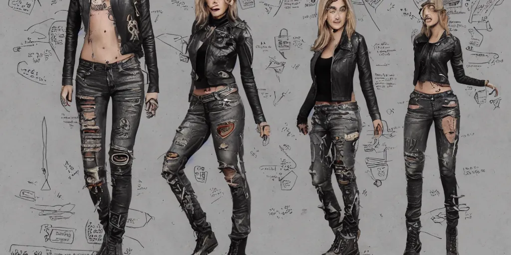 Image similar to anne winters fully tattooed, wearing scratched and ripped short leather jeans, wearing an aviator outfit with a smiley stamp on its back, character sheet, fine details, props, concept design, contrast, kim jung gi, greg rutkowski, trending on artstation, 8 k, full body, turnaround, front, back, ultra wide angle