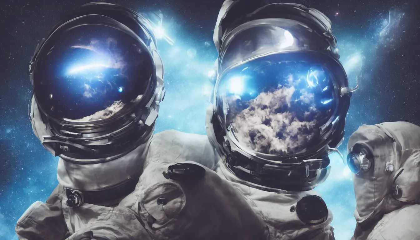 Image similar to photorealistic scene of one cyberpunk astronaut helmet with light reflection looking at space with cosmos background, extremely close shot, 8k, cinematic, epic