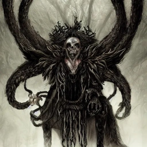 Image similar to ancient magus, fae, berserking ram skulled creature with black fur, elegant, tendrils, forest, heavy fog, fantasy, ultra realistic