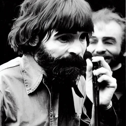 Prompt: charles manson singing with john lennon, portrait, high quality photography, realistic, detailed, uncropped, face detail,