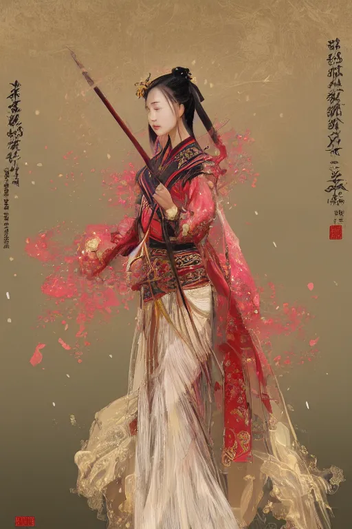 Prompt: portrait wuxia sword dance Girl, ancient chinease costume, in forbidden City Rainning, flowers sea everywhere, ssci-fi, fantasy, intricate, very very beautiful, elegant, highly detailed, digital painting, artstation, concept art, smooth, sharp focus, illustration, art by tian zi and WLOP and alphonse mucha