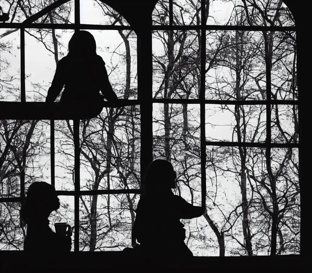 Image similar to the silhouette of a woman drinking coffee, looking out to an old medieval town, over the shoulders shot, cinematic, 4 k, detailed, 3 5 mm film, black and white