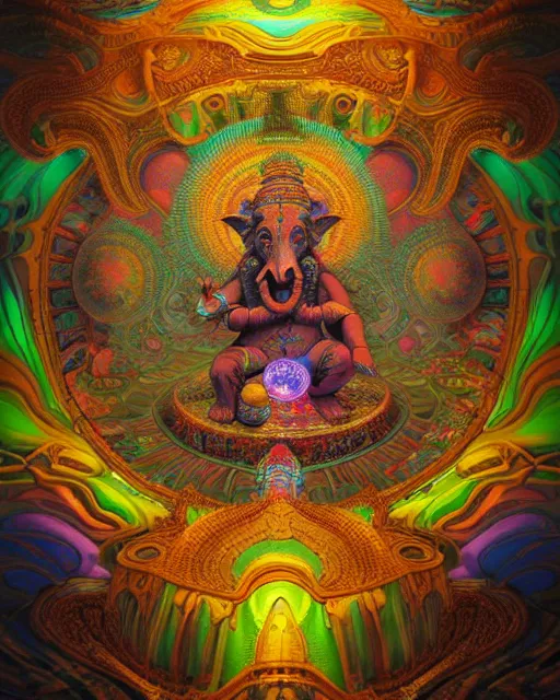 Prompt: psychedelic ganesh of the cosmos, mandelbulb, mandala, coherent design, symmetrical, concept art, vivid color, complementary color, golden ratio, detailed, sharp lines, intricate, rainbowshift, by maxfield parrish, by peter mohrbacher, by gustave dore, by alphonse mucha, deviantart, octane render