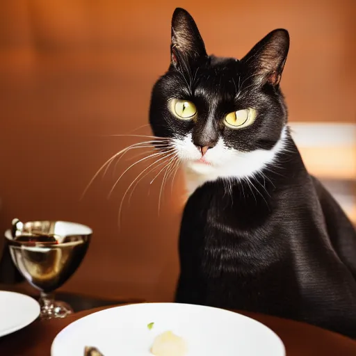 Image similar to A photo of a cat wearing a suit sitting in a fancy and expensive gourmet restaurant and eating a plate of cat food. f/2.8, dim lighting, award winning photo