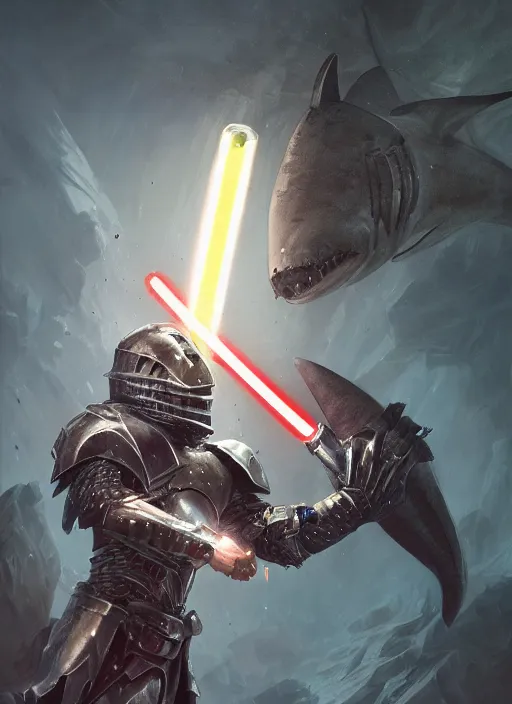 Image similar to portrait of a humanoid shark in knight armor holding a lightsaber, fantasy, d & d, heartstone, digital painting, volumetric light, intricate, sharp, focus, bloom, illustration, highly detailed, concept art, matte, ruan jia, randy vargas, greg rutkowski