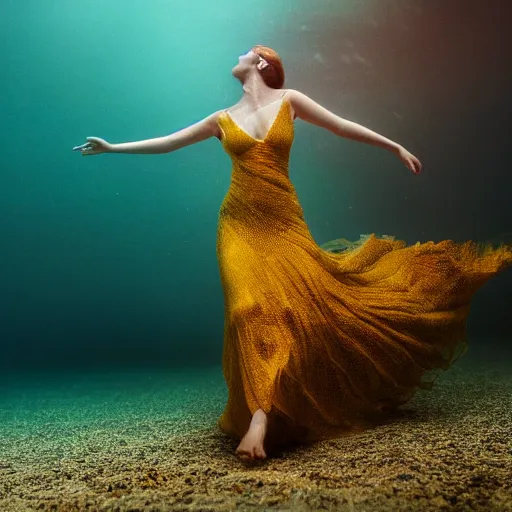 Image similar to woman dancing underwater wearing a long flowing dress made of yellow and red wire, coral sea bottom, swirling schools of silver fish, swirling smoke shapes, octane render, caustics lighting from above, cinematic, hyperdetailed