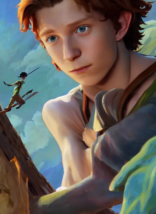 Image similar to skinny young tom holland as peter pan in neverland, dynamic lighting, path traced, atmospheric, highly detailed, high quality, beautiful painting, octane render, don bluth, ross tran, studio ghibli, alphonse mucha, jama jurabaev, extremely detailed, brush strokes, artstation, artgerm