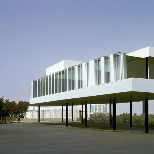 Prompt: elevated and cantilevered horizontal white modern office building, tall windows with black mullions, wood louvered accents, mies van der rohe, farnsworth house, barcelona pavilion, 7 0 mm, long shot, epic composition