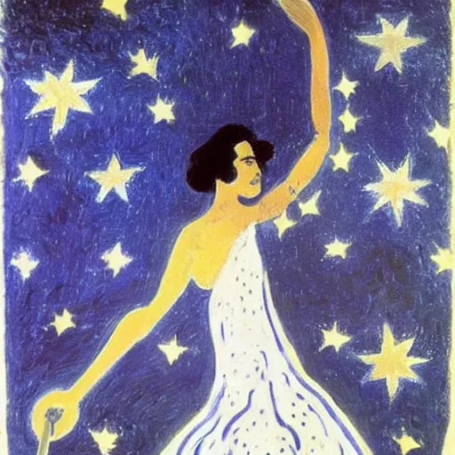 Prompt: The conceptual art features a woman with wings made of stars, surrounded by a blue and white night sky. The woman is holding a staff in one hand, and a star in the other. She is wearing a billowing white dress, and her hair is blowing in the wind. aboriginal art by Henri Matisse ghostly