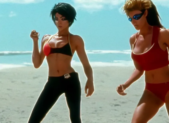 Image similar to a film still of a waman called tracer from overwatch in baywatch ( 1 9 8 9 )