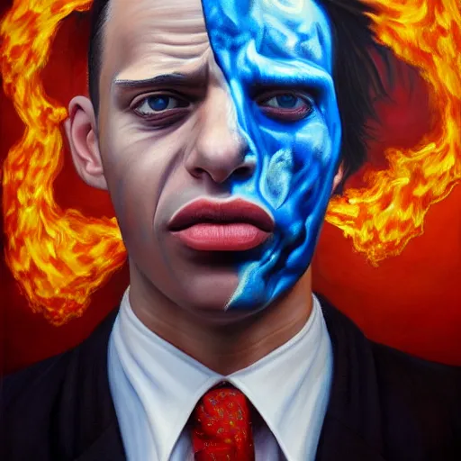 Prompt: a hyper realistic painting of a patient young man in a burning business suit, cloth is burning, full body painting, long shot, coherent symmetrical eyes, calm face, by jeffrey smith, by andrea kowch, by steve henderson, masterpiece, trending on artstation,