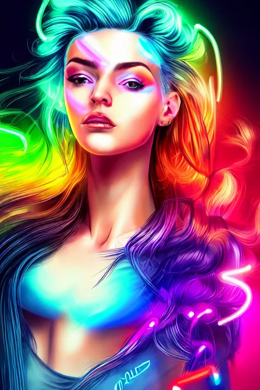 Prompt: a award winning half body portrait of a beautiful woman with stunning eyes in a croptop and cargo pants with rainbow colored ombre hairstyle head in motion and hair flying by thomas danthony, outlined by whirling illuminated neon lines, outrun, vaporware, shaded flat illustration, digital art, trending on artstation, highly detailed, fine detail, intricate