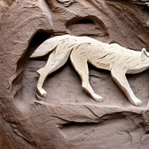 Prompt: wolf carved in a cave by a prehistorical human, old