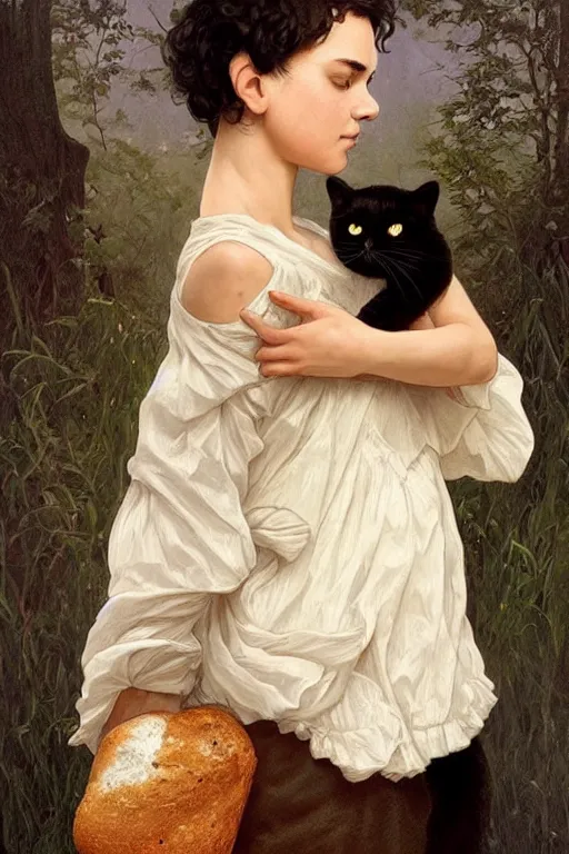 Image similar to beautiful cottagecore of a girl with short black curly hair, round face, cute face, holding a loaf of bread. There's also a black cat on her shoulder. intricate, elegant. highly detailed, digital painting, artstation, concept art, smooth, sharp, focus, illustration. . art by artgerm and greg rutkowski and alphonse mucha