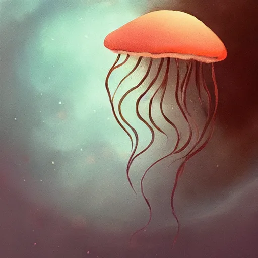 Prompt: illustrious atmospheric illustration of a jellyfish floating underwater by xi zhang, bob ringwood, camille - pierre pambu bodo, 2 d art, concept art, blue pigment, waves, mist