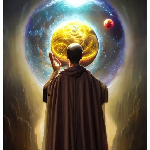 Image similar to the creator of worlds wearing a cloak and holding a holographic planet projection in his hand, detailed, sci - fi, digital painting, artstation, sharp focus, illustration, ominous, artgerm, tomasz alen kopera, peter mohrbacher, donato giancola, joseph christian leyendecker, wlop, frank frazetta