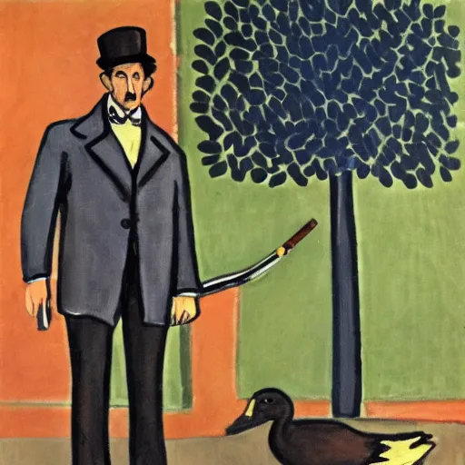 Prompt: sherlock holmes posing for a portrait, garden, duck, smoking cigar, by henri matisse