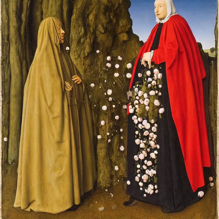 Image similar to a woman wearing a hooded cloak made of flowers, standing next to a man made of stone, by Jan van Eyck