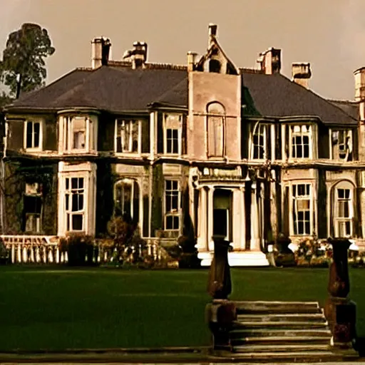 Prompt: the burning mansion called Manderley from the Hitchcock movie Rebecca