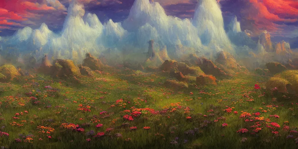 Prompt: backyard garden, in the valley of the wind. Digital art, big scale landscape. Colorful flowers and fields. High angle. Canyons. Clouds. Highly detailed, artstation. In style of Beksinski.