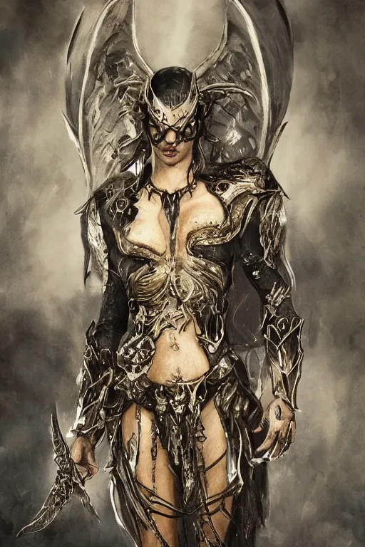 Prompt: 8K render! beautiful Adriana Lima in Skyrim MOD Angel Armor, wings wide opened , whole body heavily covered in elfish tattoos , intricate, elegant, highly detailed, digital painting, artstation, wallpaper!, concept art, smooth, sharp focus, high fantasy illustration, art by artgerm and Vasylina, and Peter Andrew Jones