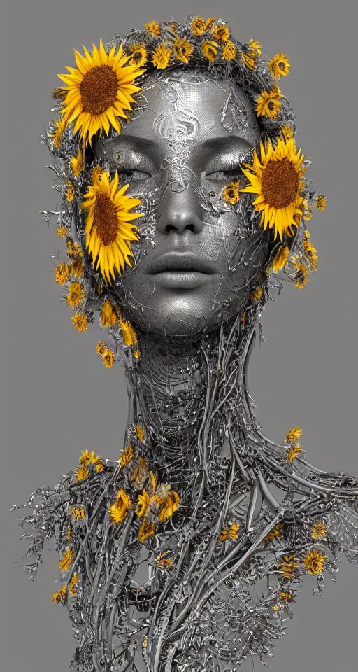 Prompt: cinema 4d metallic render, organic, ultra detailed, of a painted realistic face with growing sunflowers, scratched. biomechanical cyborg, analog, macro lens, beautiful natural soft rim light, smoke, veins, neon, winged insects and stems, roots, fine foliage lace, honeycomb details, art nouveau fashion embroidered, intricate details, mesh wire, computer components, anatomical, facial muscles, cable wires, elegant, hyper realistic, ultra detailed, 8k post-production