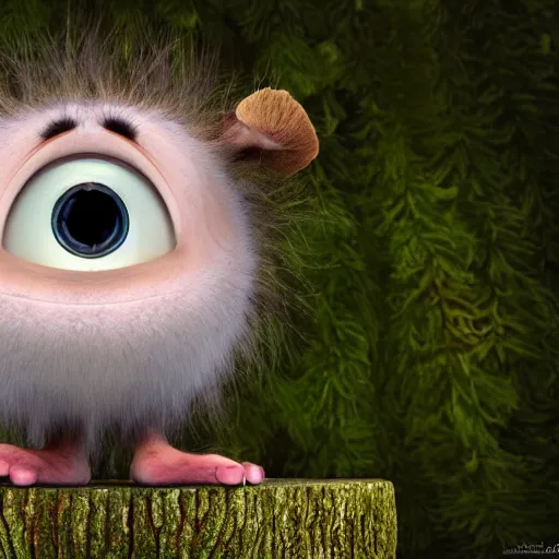 Image similar to a cute little monster with very long fur, portrait, pixar style, forest background, cinematic lighting, award winning creature portrait photography