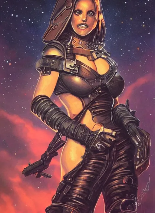 Image similar to portrait of female space pirate, night sky background, beautiful! coherent! by brom, deep color, strong line, high contrast