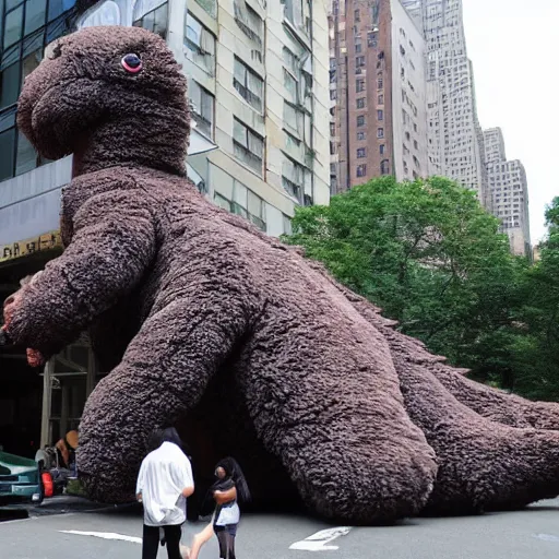 Image similar to a giant huge Godzilla teddy bear is destructing New York buildingds