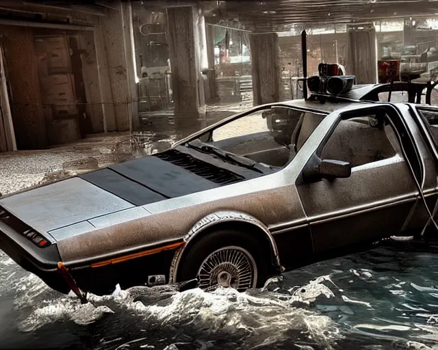 Image similar to delorean rusting and destroyed under water, cinematic, photoreal, by red dead redemption 2