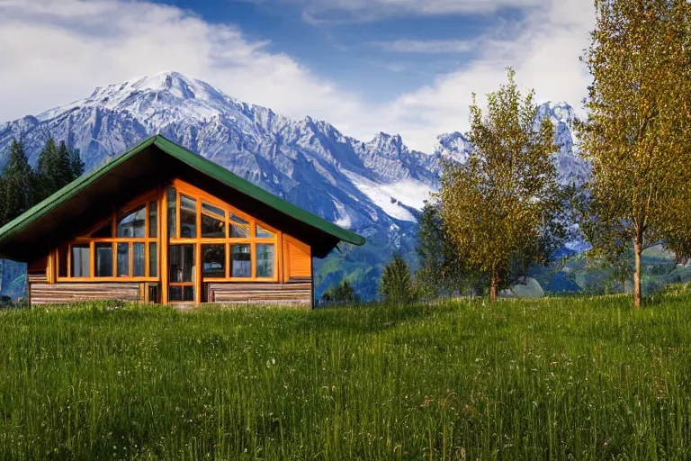 Image similar to architecture photo modern fachwerk house cottage settlement with Elbrus mountain on the background, architecture, photorealism 8k , high details